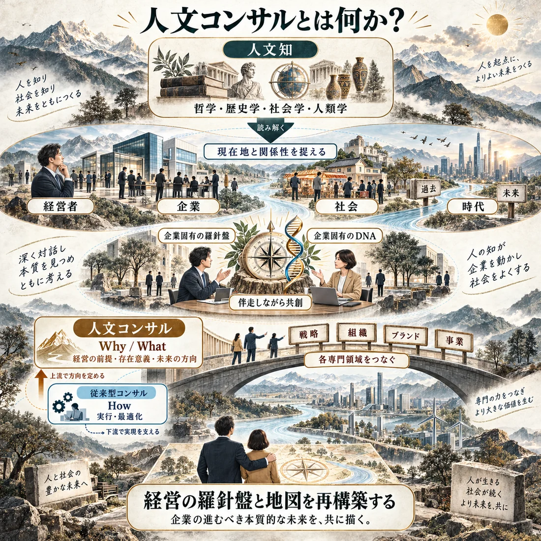 前提（世界の多重構造）・現状（構造的変化と限界）・解法（視点の引き上げと相対化）の関係を描いた図解