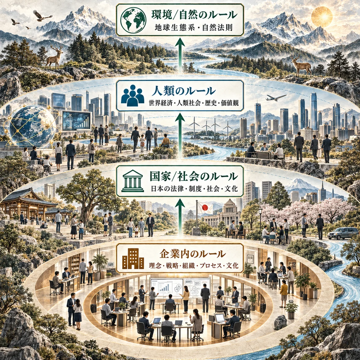 世界の多重構造：企業内のルール／国家・社会のルール／人類のルール／環境・自然のルール