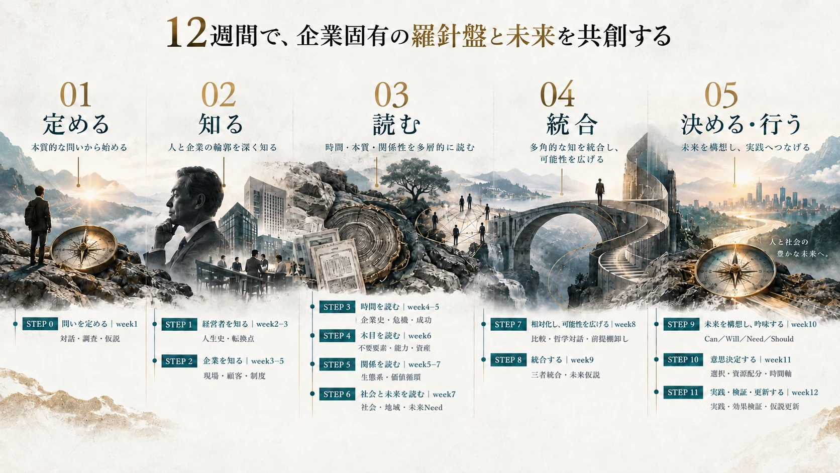 12週間で企業固有の羅針盤と未来を共創する、6フェーズ・STEP0〜11の全体像